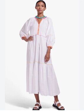 STAUD Demi Dress White Poplin Rainbow Trim Maxi Dress Tiered, Cotton, Small, NWT
